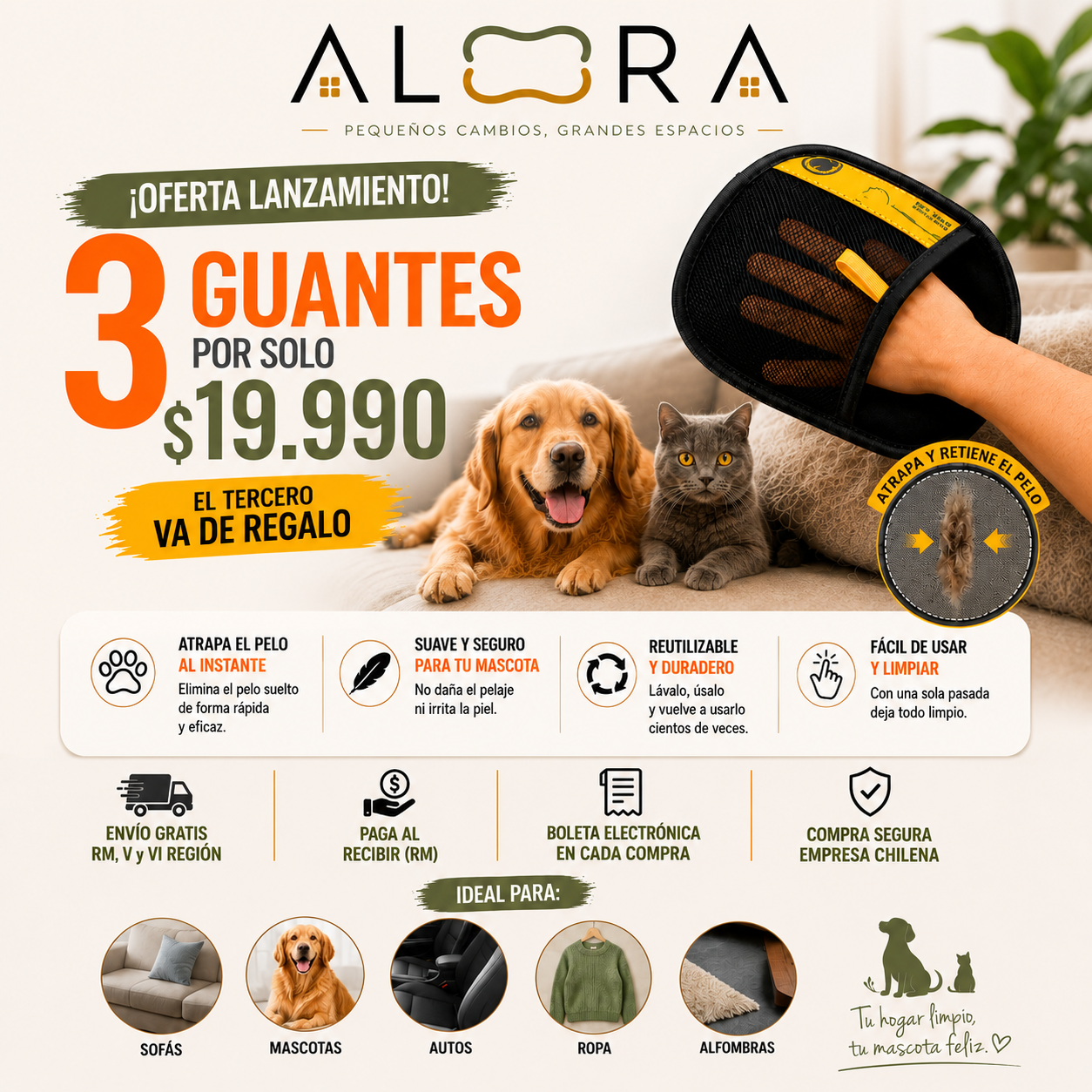 3 Guantes atrapa pelos